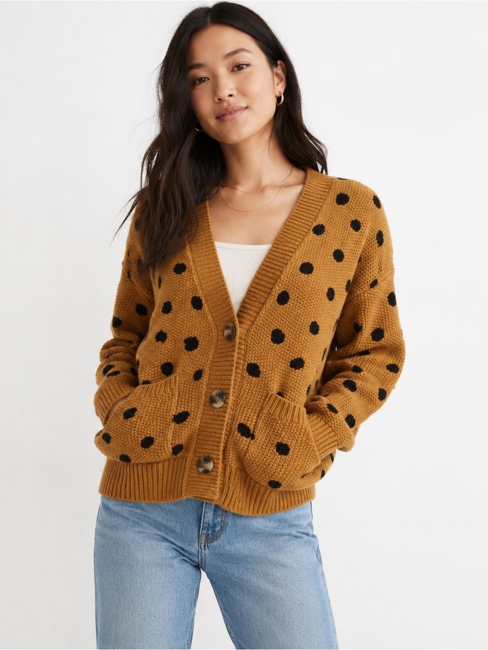 Madewell Mustard Polka Dot Button-Up Cardigan